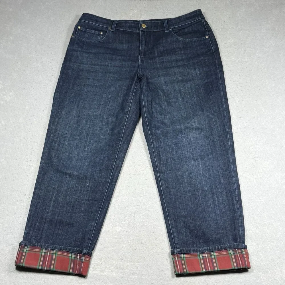 Talbots Everyday Relaxed Jean Size 14 Blue Indigo Plaid Cuff Ankle Flannel Lined